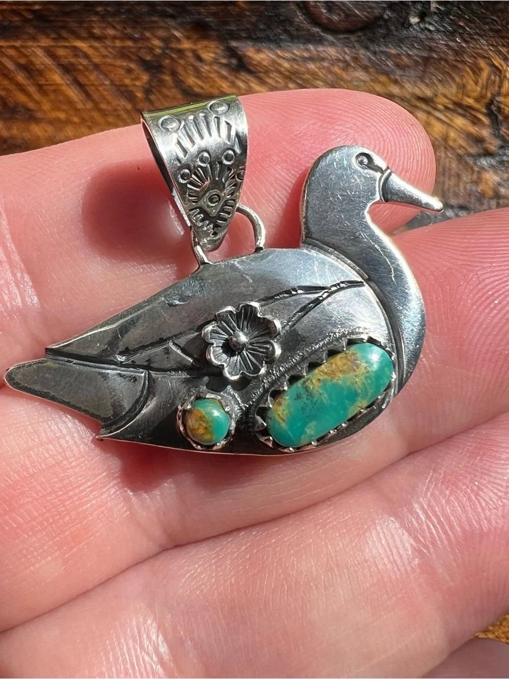 Sterling Silver Kingman Turquoise Duck Pendant - Picture 6 of 10